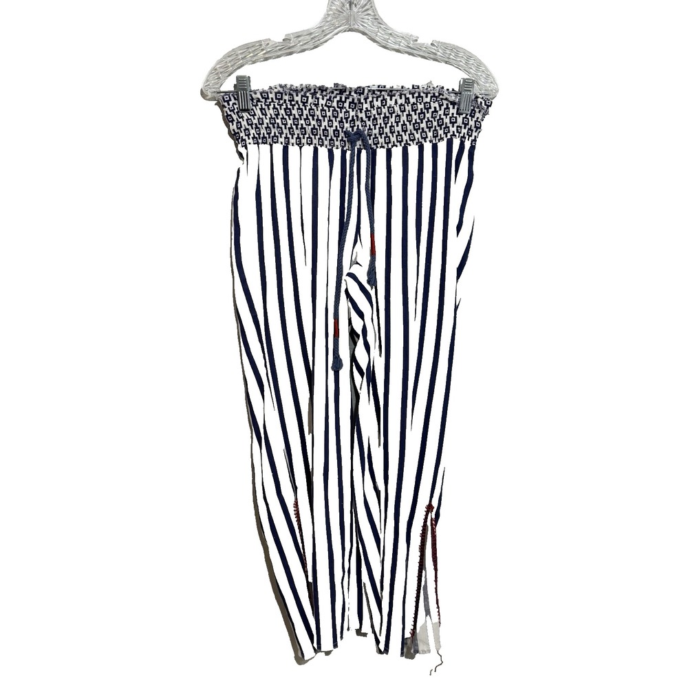 Indigo Rein Linen Blend Stripe Wide Pants Size Medium Red PatriCapri Split Hem